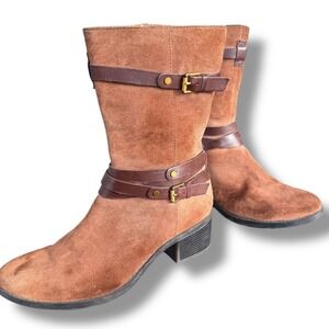 Bandolino Ursal mid-calf boot brown suede Leather Buckle Strap Womens 9.5M